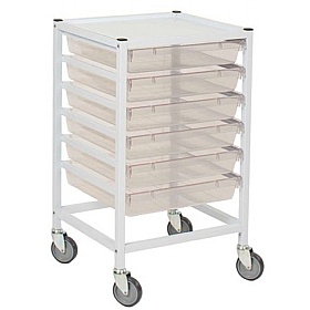 Classic Low Single Fixed Runner White Trolley with 6 Shallow Antimicrobial Trays