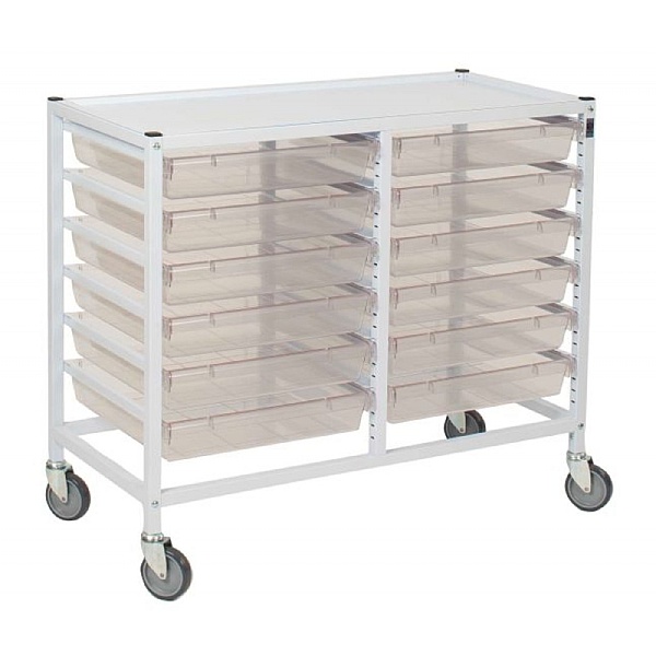 Classic Low Double White Trolley with 12 Shallow Antimicrobial Trays