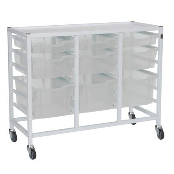 Medical Compact Low Treble Fixed Runner White Trolley with Antimicrobial Trays